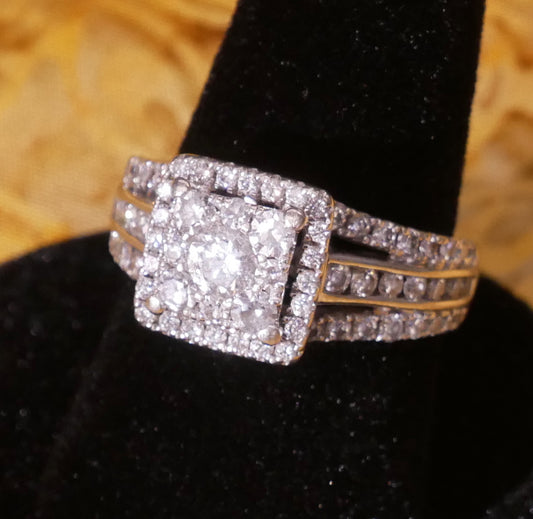 Square Diamond Ring with Three Part Silver Band